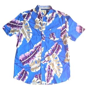 Natural Blue By Visitor Men’s Short Sleeve Hawaiian Palms Button Up Cotton-Linen